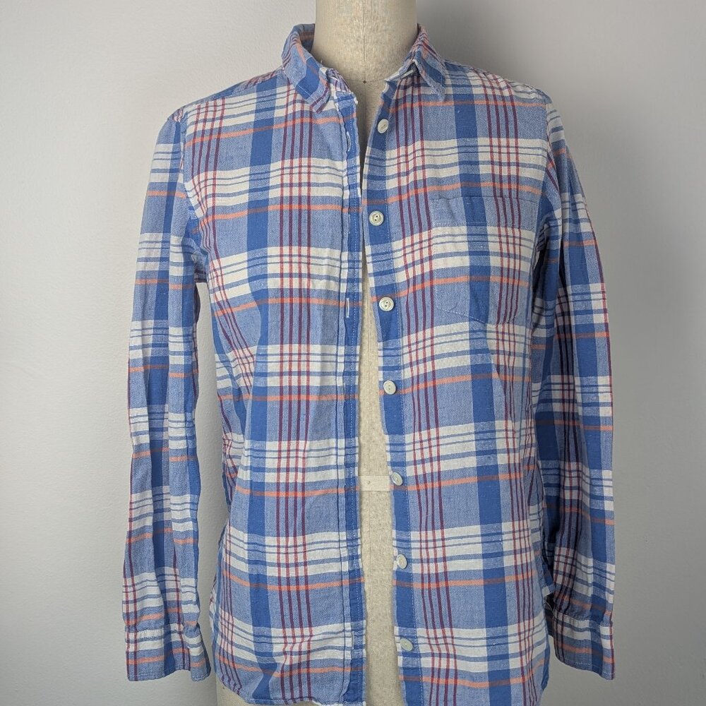 100% Cotton Plaid Button Down Shirt J Crew 6 Blue Long Sleeve Casual Blouse